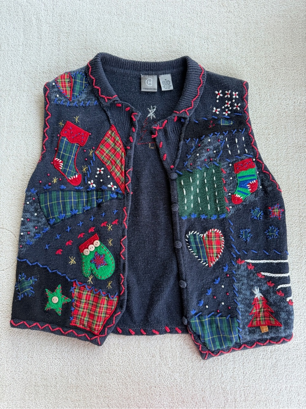 Chandler Hill Navy Patchwork Holiday Sweater Vest with Red & Green Accents